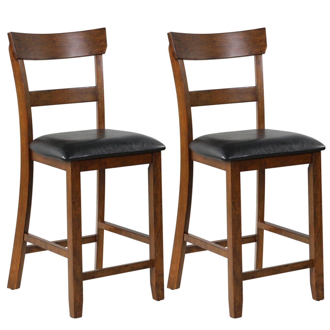 Set Of 2 Barstools Counter Height Chairs W/Leather Seat And Rubber Wood Legs